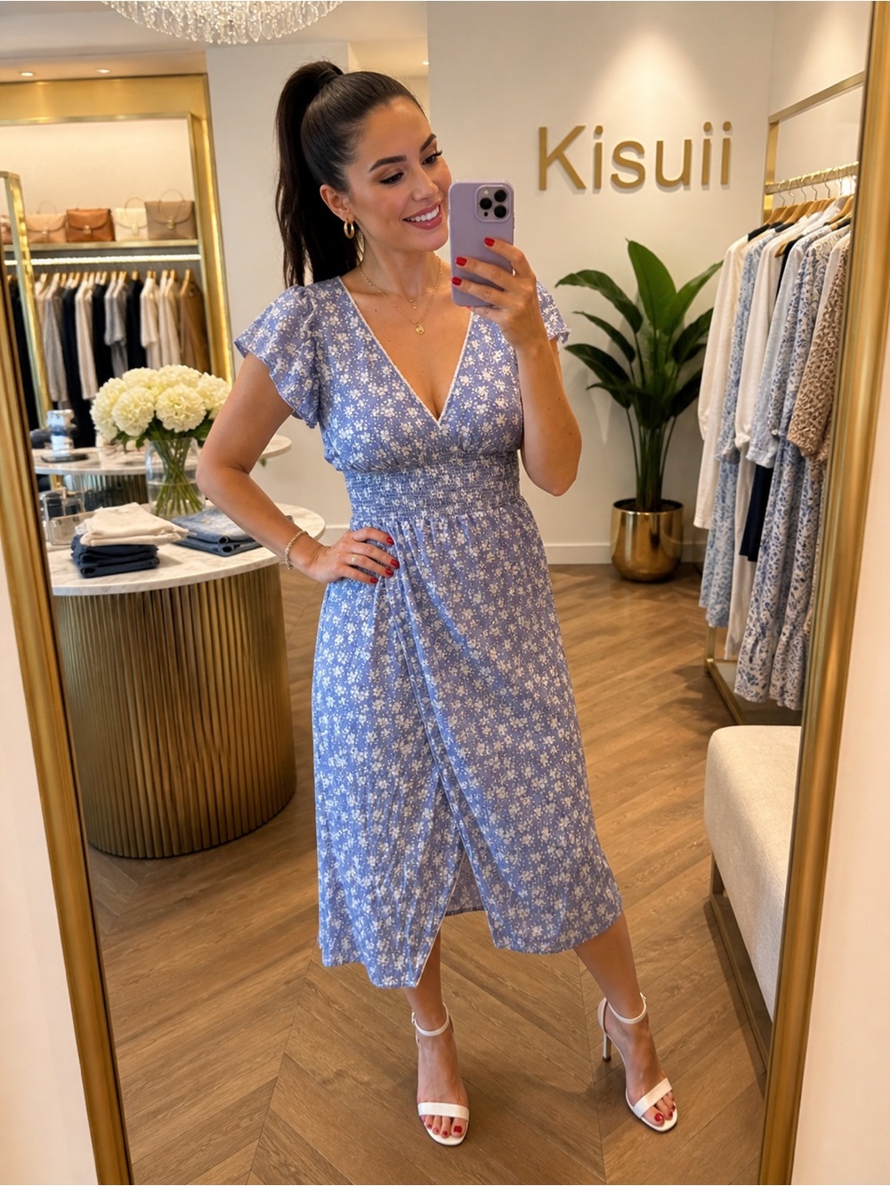 🌸Kisuii Blue Floral Wrap Midi Dress size M cottage core preppy resort summer